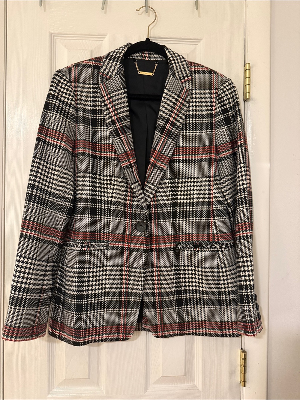 Trina Turk Black, White & Red Checked Single-Button Blazer